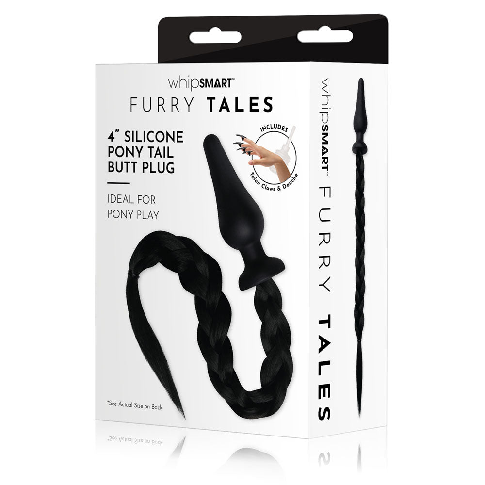 WhipSmart Furry Tails 4 Inch Silicone Pony Tail Butt Plug and Claws - Black